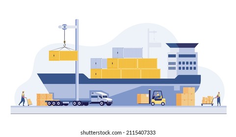 Industrial Sea Port Cargo Logistics Container Import Export Freight Ship Crane Water Delivery Transportation Concept