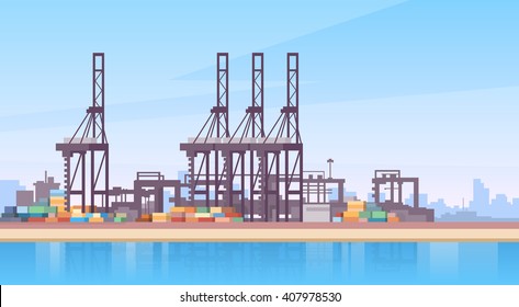 Industrial Sea Port Cargo Logistics Container Ship Crane Flat Vector Illustration