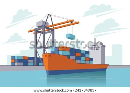 Industrial sea port cargo logistics container, ship crane water delivery transportation isometric concept