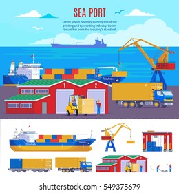 Industrial sea port composition with dock template and marine logistic elements vector illustration