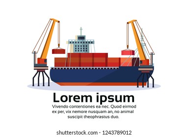 Industrial sea port freight ship cargo crane logistics container loading water delivery transportation concept international shipping flat horizontal isolated copy space