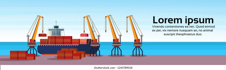 Gewerblicher Seehafen Frachtschiff Frachtkrane Logistik Container Verladung Wasser Transport Konzept internationale Seeschifffahrt flache horizontale Banner Kopienraum