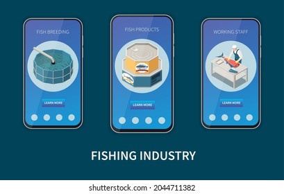 Industrial seafood production info app 3 smartphone screens with fish breeding tanks salmon butchery isometric vector illustration