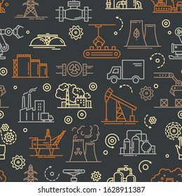 An industrial seamless background for booklets or a site consisting of linear icons on the theme of industry and production. Dark vector seamless industrial pattern.