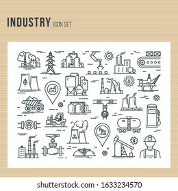 An industrial seamless background for booklets or a site consisting of linear icons on the theme of industry and production. Gray vector seamless industrial pattern.