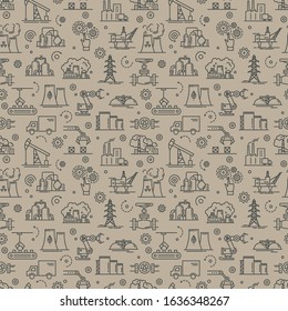 An industrial seamless background for booklets or a site consisting of linear icons on the theme of industry and production. Gray vector seamless industrial pattern.
