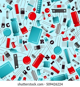 Industrial seamless pattern with colorful transistors on light blue background flat vector illustration