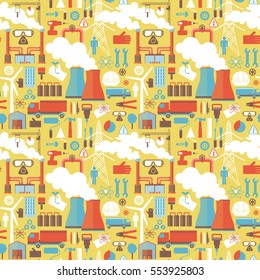 Industrial seamless pattern with factory equipment engineering tools windmills icons on yellow background flat vector illustration 