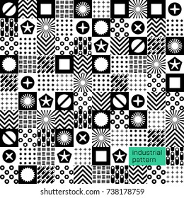 Industrial seamless pattern. Geometric flat background with building tools symbols. Constructor elements illustration. Repair bolt silhouettes.