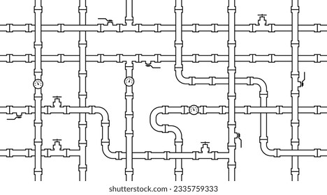 Industrial Seamless Pattern of Interwoven Pipes for Water, Gas, or Oil in Outline Style