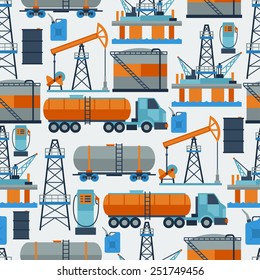 Industrial seamless pattern with oil and petrol icons. Extraction and refinery facilities.