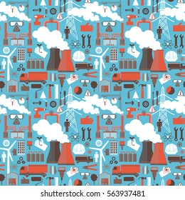 Industrial seamless pattern with smoking  chimneys trucks windmills working tools and accessories colored icons on blue background flat vector illustration 