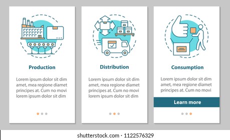 Industrial sector onboarding mobile app page screen with linear concepts. Manufacturing. Production, distribution, consumption steps graphic instructions. UX, UI, GUI vector template with illustration