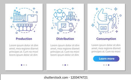Industrial sector onboarding mobile app page screen with linear concepts. Manufacturing. Production, distribution, consumption steps graphic instructions. UX, UI, GUI vector template with illustration