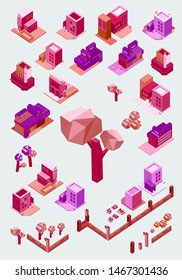 Industrial Set Of 3D Isometric Projection Of Dimensional Houses, Buildings, Tree, Skyscrapper And Many Other Design Elements Necessary Creative Designers - Vector