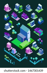 Industrial Set Of 3D Isometric Projection Of Dimensional Houses, Buildings, Tree, Skyscrapper And Many Other Design Elements Necessary Creative Designers - Vector