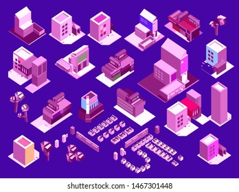 Industrial Set Of 3D Isometric Projection Of Dimensional Houses, Buildings, Tree, Skyscrapper And Many Other Design Elements Necessary Creative Designers - Vector