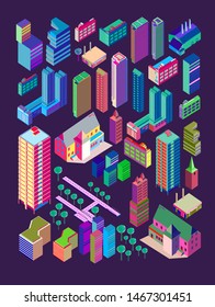 Industrial Set Of 3D Isometric Projection Of Dimensional Houses, Buildings, Tree, Skyscrapper And Many Other Design Elements Necessary Creative Designers - Vector