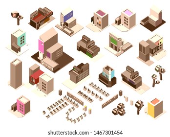 Industrial set of 3D isometric projection of dimensional houses, buildings, tree, skyscrapper and many other design elements necessary creative designers - Vector