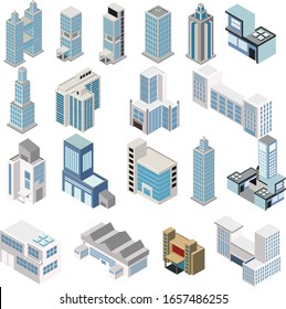 Industrial set of 3D isometric projection of dimensional houses, buildings, and many other design elements necessary creative designers