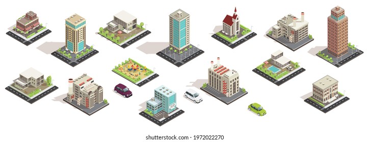 Industrial set of 3D isometric projection of dimensional houses, buildings, cranes, cars and many other design elements necessary creative designers. Vector illustration.
