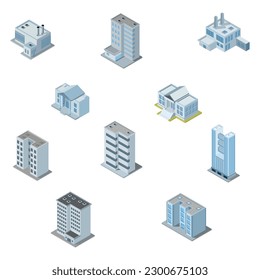 Industrial set of 3D isometric projection of dimensional houses, buildings, and many other design elements necessary creative designers