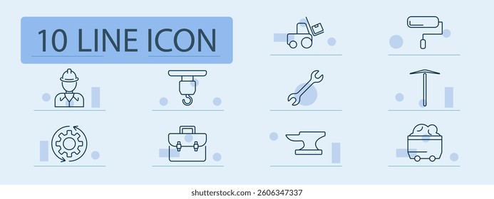 Industrial set icon. Engineer, hook, delivery, roller, mining cart, briefcase, wrench, anvil, helmet, gear, cargo, lifting, equipment, construction, site, repair, worker, metal, toolbox
