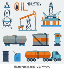 Industrial Set Of Oil And Petrol Icon. Extraction And Refinery Facilities.