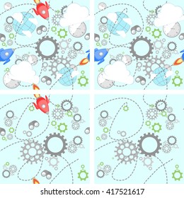 Industrial set pattern on white background. Wrench, clock, cog, gear, clouds, planet and rocket. Abstract concept of teamwork, successful business and communication. 