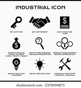 industrial set tool sign icon logo graphic design in eps vector black white bw. Various silhouette format for your business presentation in any theory. symbol for idea industry illustration process