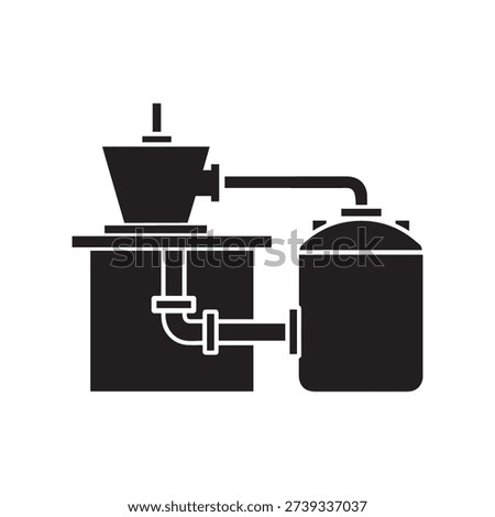Industrial setup featuring a mash tun and fermentation tanks connected by piping. Vector