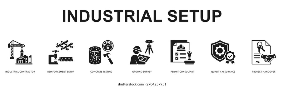 Industrial Ilustración de Anuncio de Web moderno y limpio con íconos temáticos para la comunicación visual