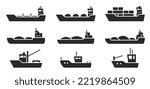 industrial ship icon set. vessels for transportation and fishing. isolated vector images in simple style