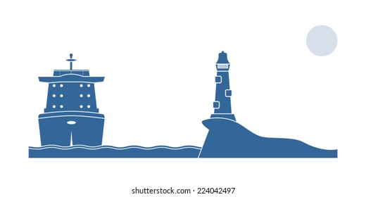 Industrial ship and lighthouse in the sea. Vector illustration. EPS10. Opacity.