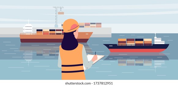 Industrial Ship Port Worker Standing On Loading Dock And Writing In Notepad - Cartoon Woman In Safety Uniform Doing Cargo Logistics Control On Shore. Flat Vector Illustration.