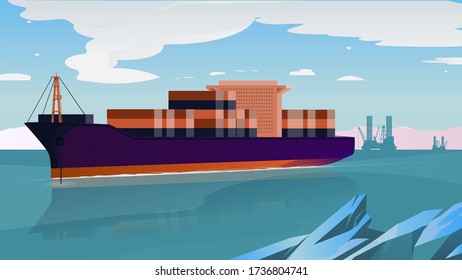 Industrial Shipping Containers In The Ocean. Silhouette Of Oil Platforms On The Horizon. Import Export, Transportation, Oil Rig Concept. Flat Horizontal Vector Illustration. Cartoon Style