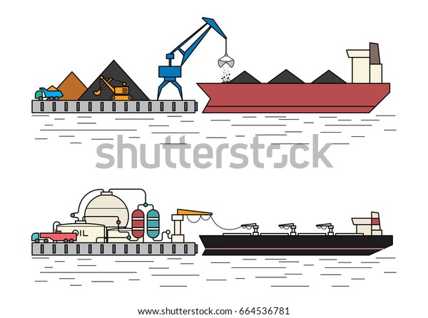 工業船 港の陸揚げ 陸揚げ 石油タンカーと海洋石油ターミナル フラットアウトラインスタイルのベクターイラスト のベクター画像素材 ロイヤリティフリー
