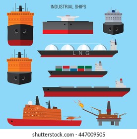 Industrial ships, icebreaker and oil platform. Vector illustration