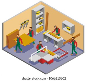 Industrial shop with furniture makers during work process isometric composition with interior elements vector illustration