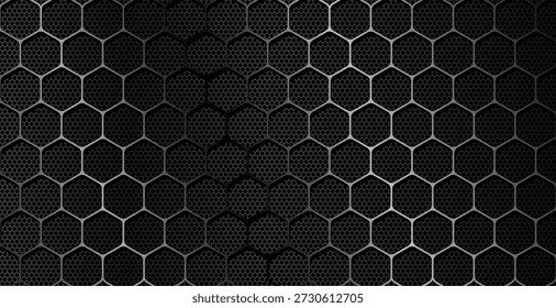 Industrial silver chrome hexagon mesh pattern on dark metal surface for high tech automotive engineering backdrop
