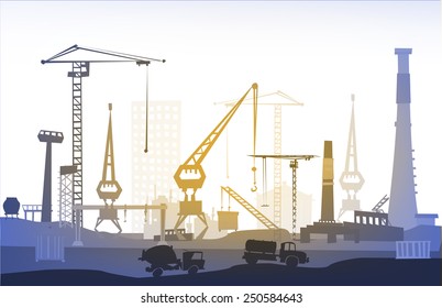 Industrial site view with cranes. Heavy industry background