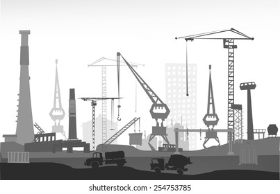 Industrial site view with cranes. Heavy industry background