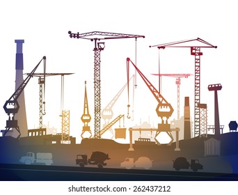 Industrial site view with cranes. Heavy industry background