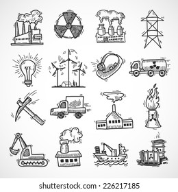 Icono de esbozo industrial conjunto con símbolos de la industria de la energía y el combustible de petróleo ilustración vectorial aislada