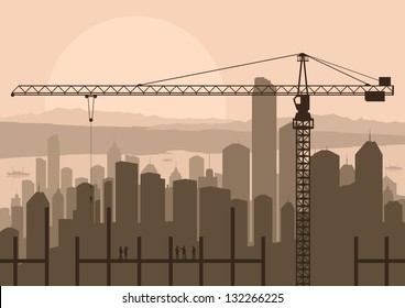 Industrial skyscraper city and construction site crane with building engineers in landscape skyline background illustration vector