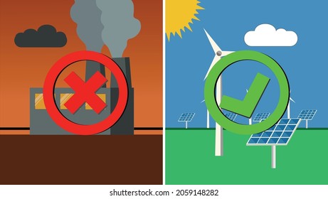 Industrial smoke pollution and solar panel for green energy illustration. Climate change and global warming