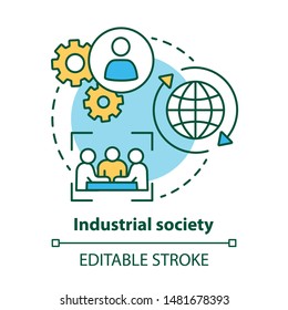 Industrial society concept icon. Mass production technology idea thin line illustration. Labor industrialization. Technological innovation. Vector isolated outline drawing. Editable stroke