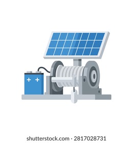Industrial Solar Powered Winch System with Battery and Photovoltaic Panel Vector Illustration Icon