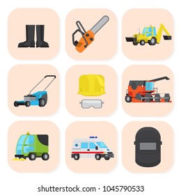 Industrial and special machines square icons set. Personal protective equipment, clothes and tools flat vectors collection isolated on white background. Construction, agricultural and urban vehicles