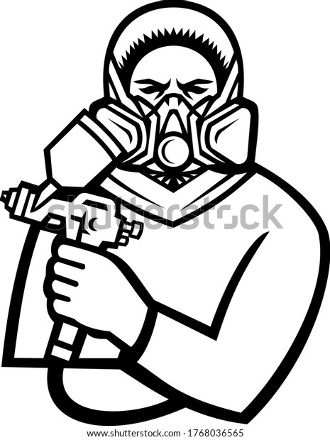 Industrial Spray Painter Holding Spray Paint Gun\
Mascot Black and\
White